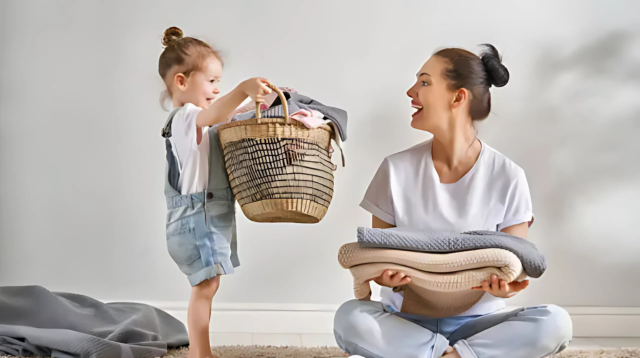 Happy mother and daughter bonding while doing laundry together, with the child holding a basket and the mother folding clothes, symbolizing family time and teamwork at home