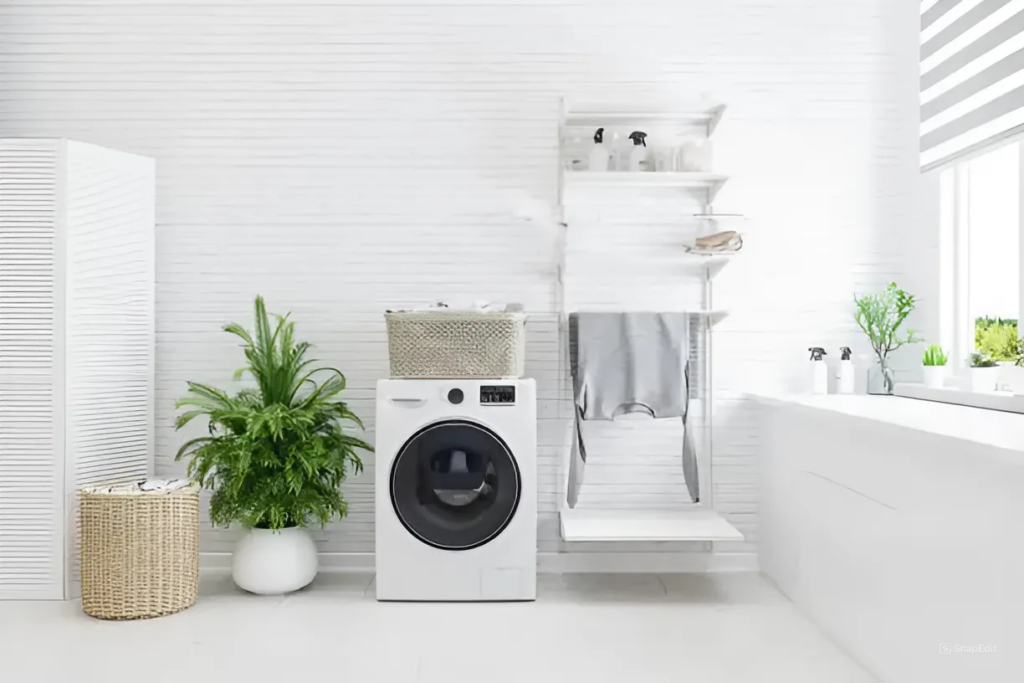 Bright, minimalist laundry room with a compact washing machine, drying rack, and greenery, featuring clean white decor and natural light