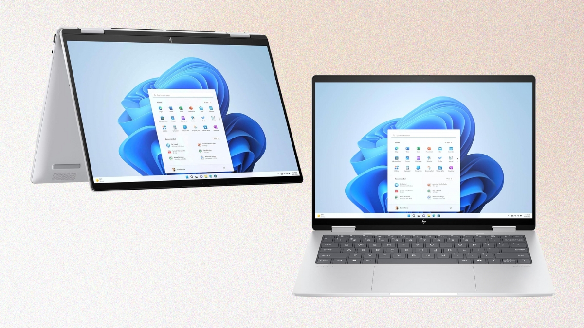 Two HP Envy x360 2-in-1 laptops shown in tent and laptop modes with Windows 11 on display.