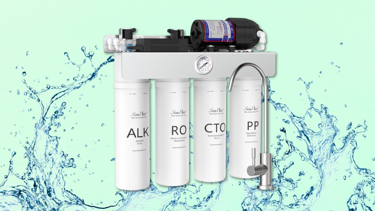 SimPure tankless RO water filter system with four labeled cartridges and faucet, shown against a water splash background.