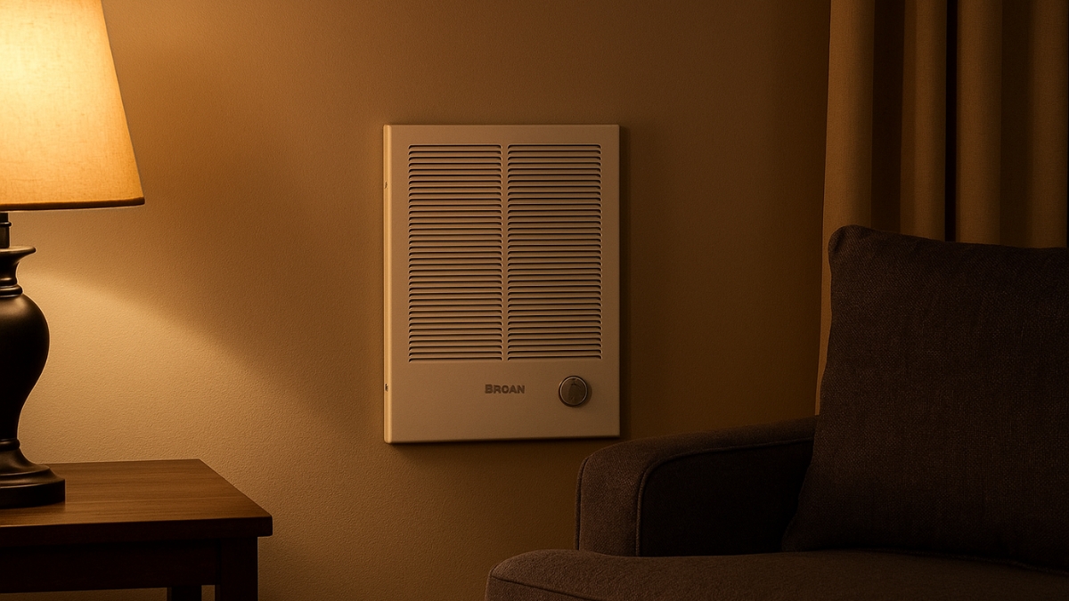 Wall-mounted Broan high capacity wall heater shown in a cozy living room next to a lamp and chair.