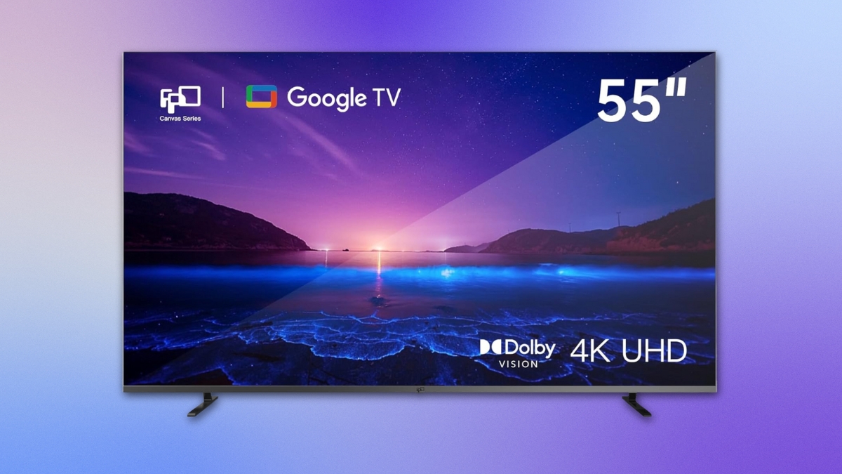 FPD 55-inch smart TV with Google TV, Dolby Vision, and 4K UHD screen displayed on a scenic background.