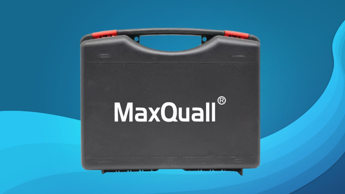 Maxquall referee headset carrying case with handle, shown closed on a blue background.
