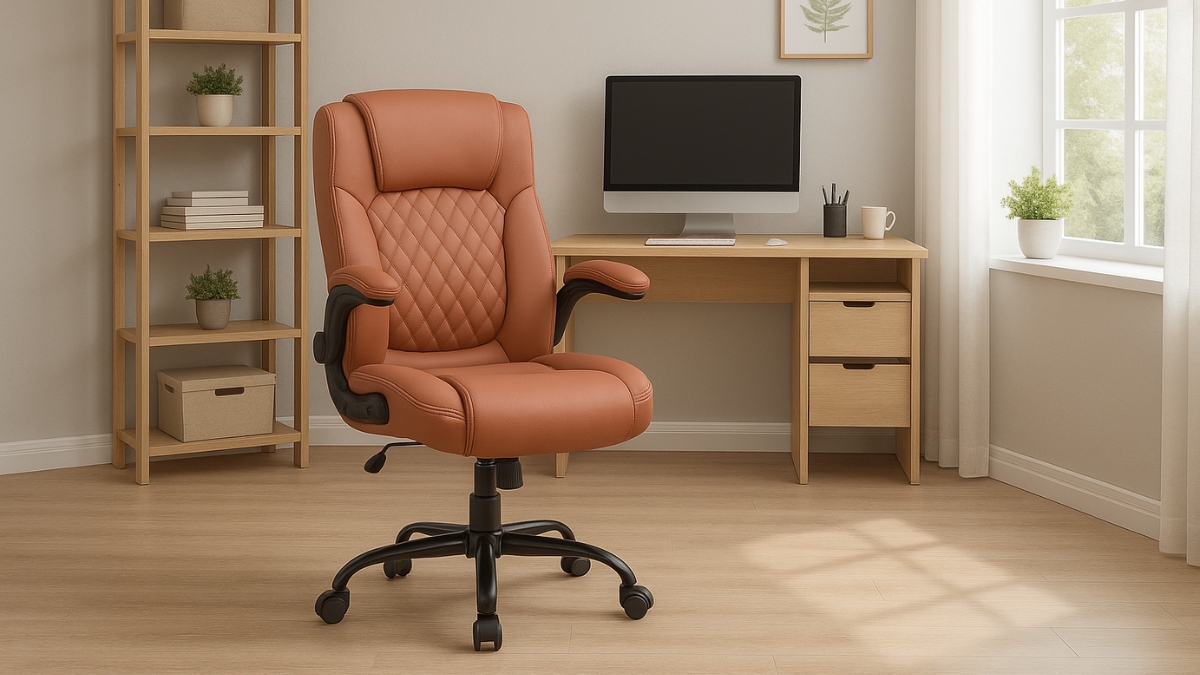 A brown leather office chair with wheels sits in front of a wooden desk in a bright home office.