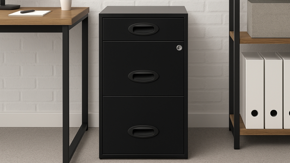 A black vertical file cabinet with three drawers sits beside a desk and shelf in a home office.