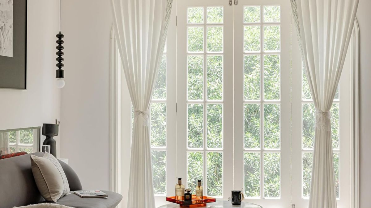 VisionaryHomeDesign White Colour Linen Curtain Panels with Embroidered Trim Design, Pinch Pleat Curtains