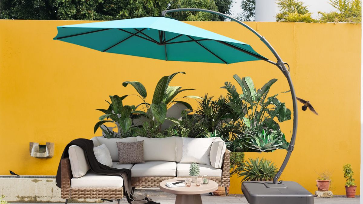 LAUSAINT HOME Outdoor Patio Umbrella with Base, 11 FT Deluxe Curvy Cantilever Umbrella Heavy Duty Offset Hanging Umbrella with 360° Rotation