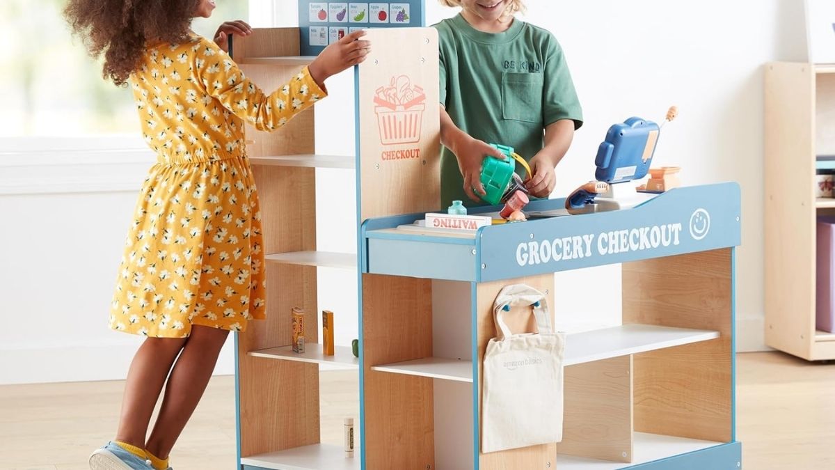 Amazon Basics Grocery Store Checkout Counter with Shopping Cart
