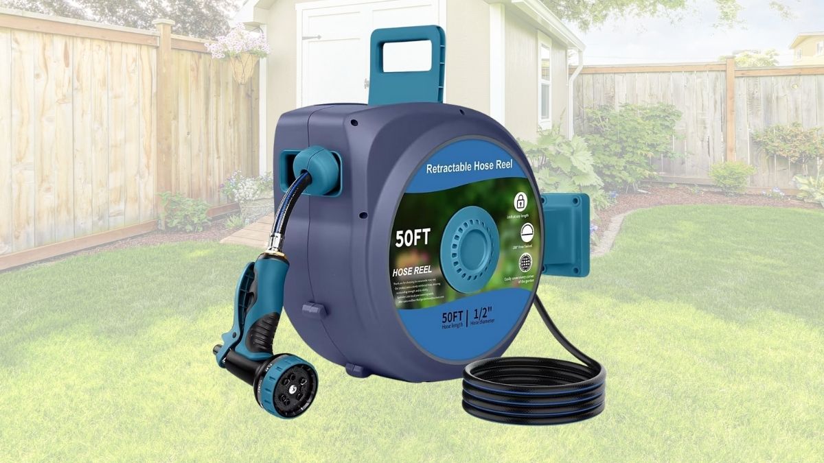 Tuzoc Retractable Garden Hose, Heavy Duty Wall-Mounted Hose Reel with 180° Swivel Bracket, Automatic Slow Return System with 10 Function Nozzle,
