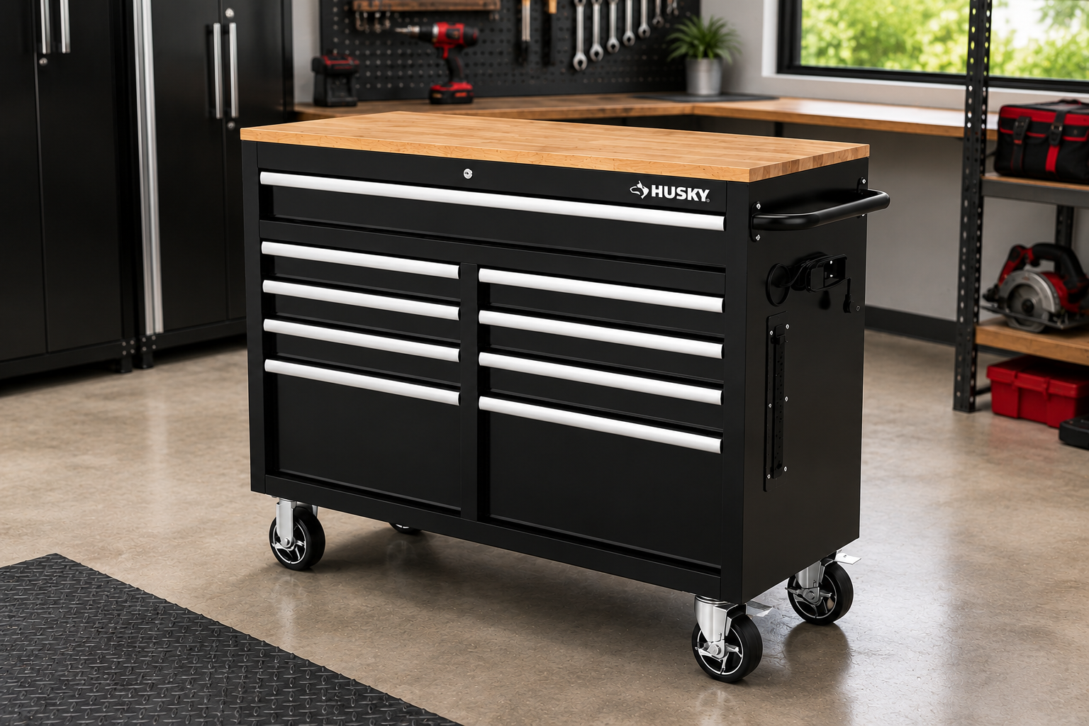 Why the Husky 46 in. W x 18 in. D 9-Drawer Black Mobile Workbench Cabinet Is a Top Choice