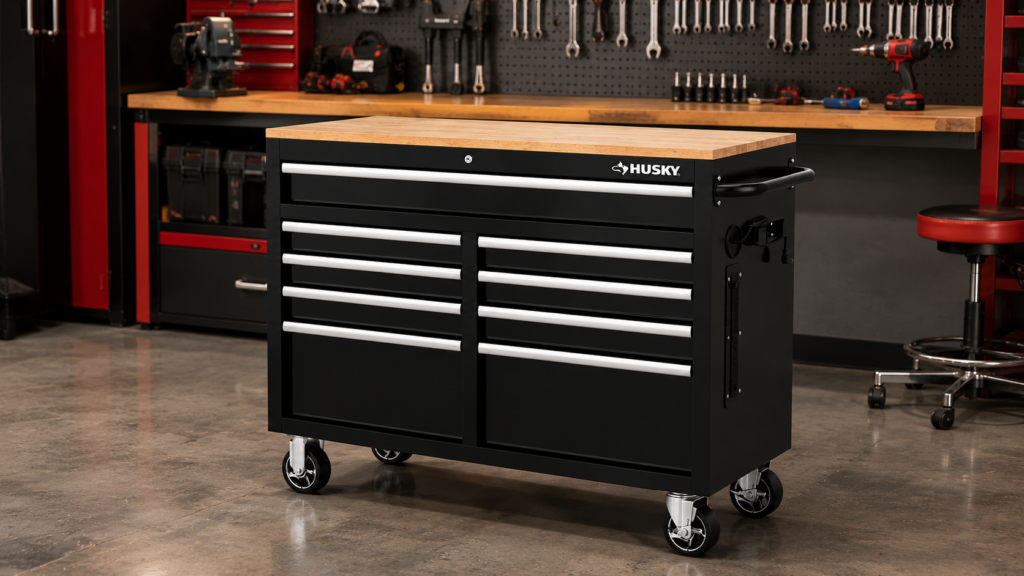 Professional garage workshop with tool wall.
