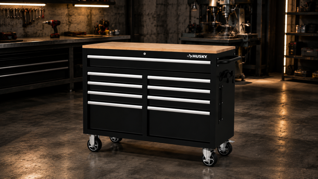 Modern industrial workshop with dramatic lighting.
