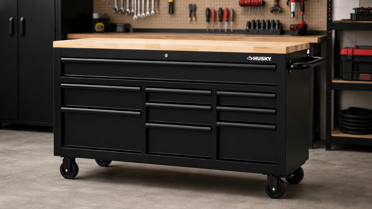Why the Husky 46 in. W x 18 in. D 9-Drawer Black Mobile Workbench Cabinet Is a Top Choice
