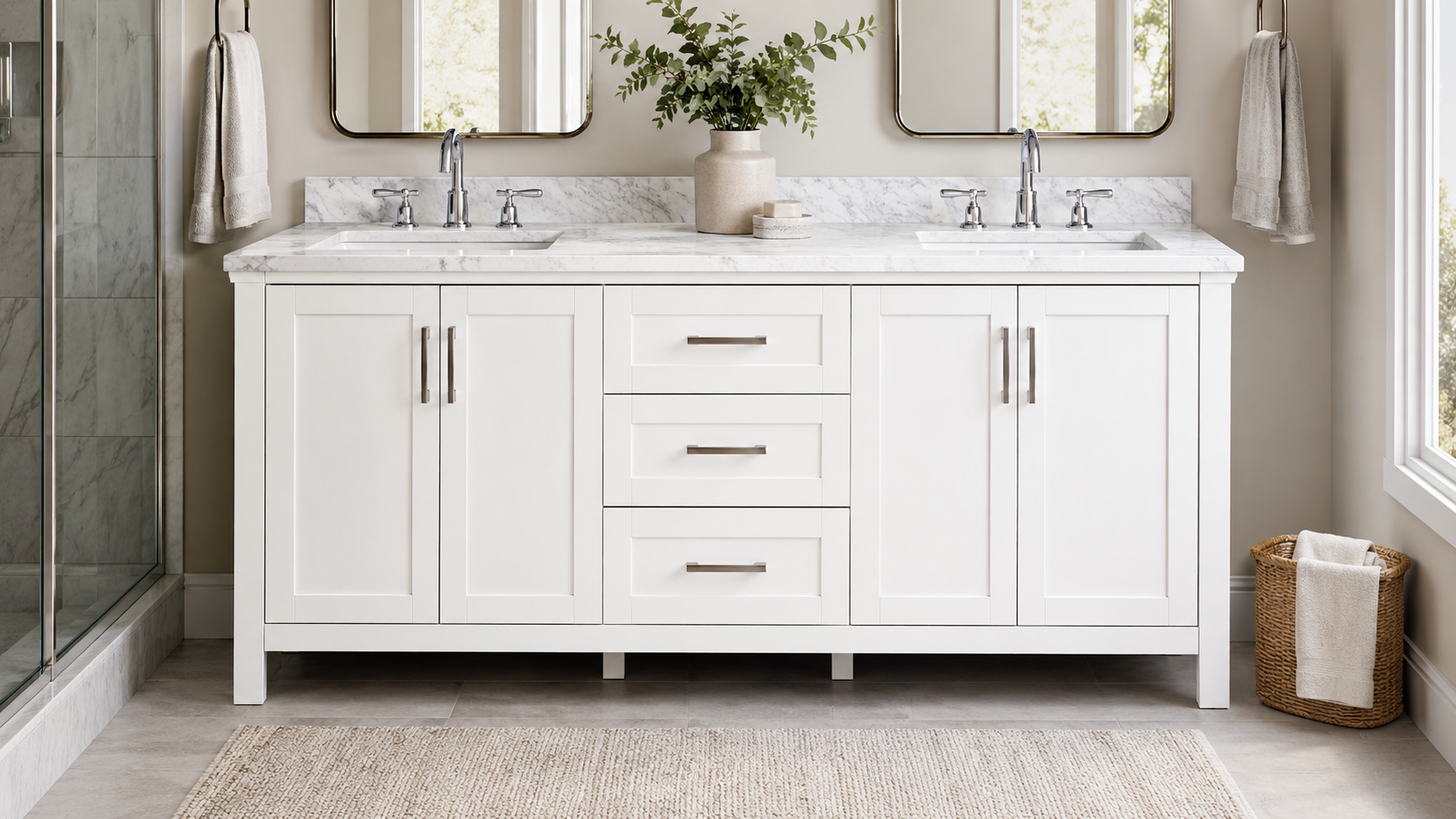 This Glacier Bay Double Sink White Freestanding Bath Vanity Complements Modern Bathroom Designs