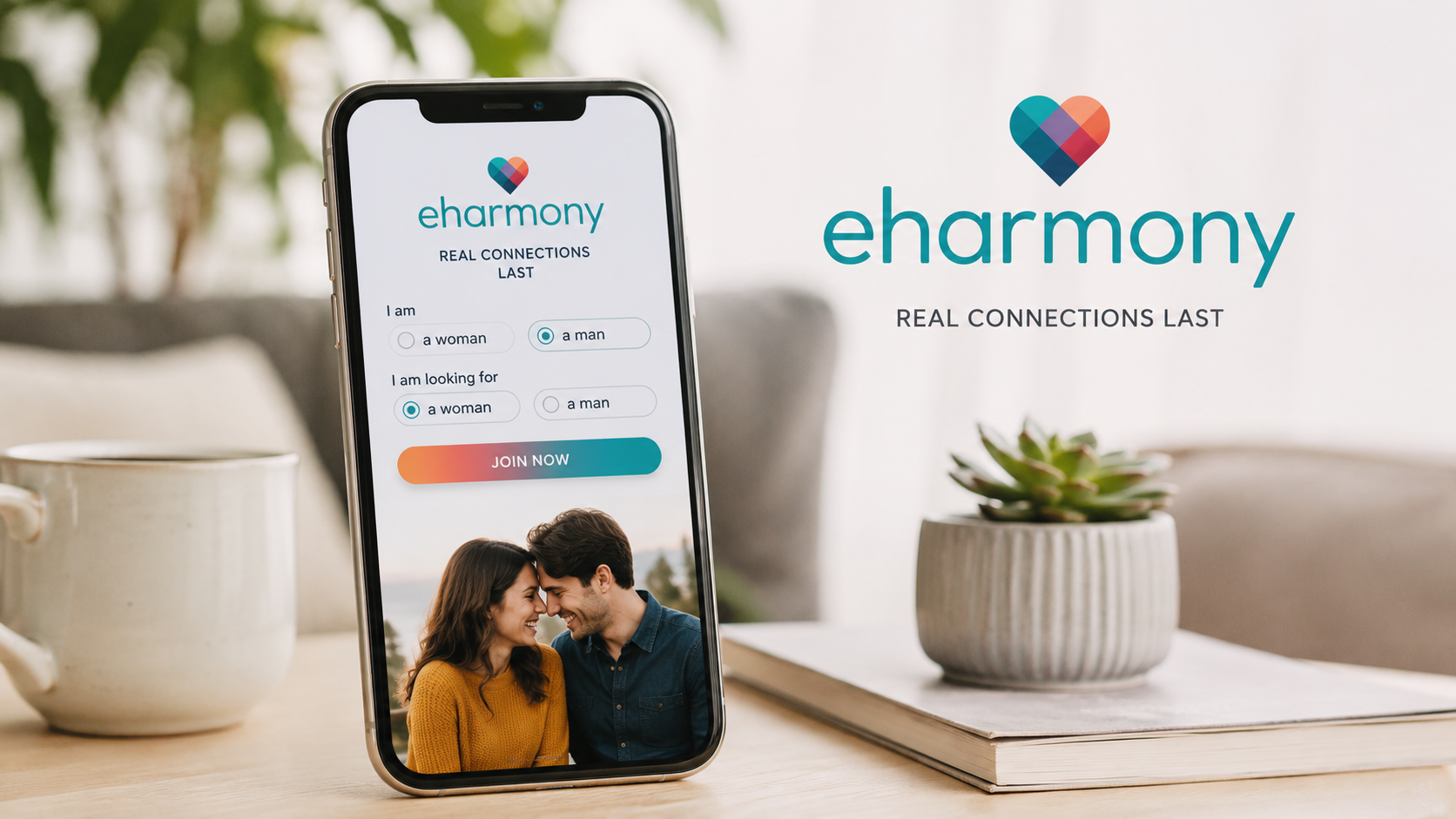 eHarmony dating app displayed on a smartphone with the official logo and signup screen, styled in a modern home setting for an online dating service review.