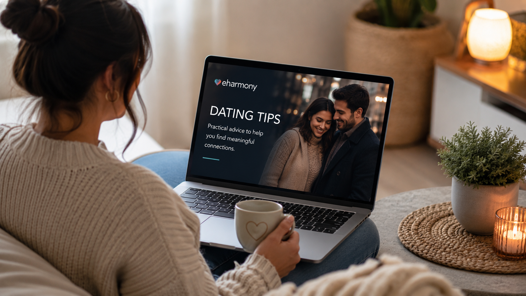 Person reading eHarmony dating tips on a laptop in a cozy home setting, featuring online dating advice for building meaningful relationships and finding compatible matches.