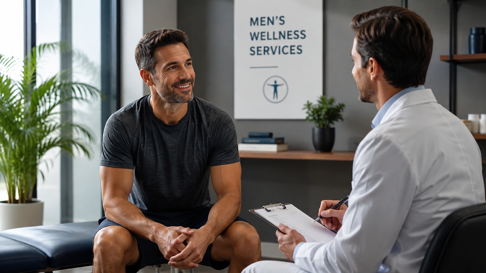 Man speaking with a healthcare provider during a men’s wellness services consultation in a modern clinic.