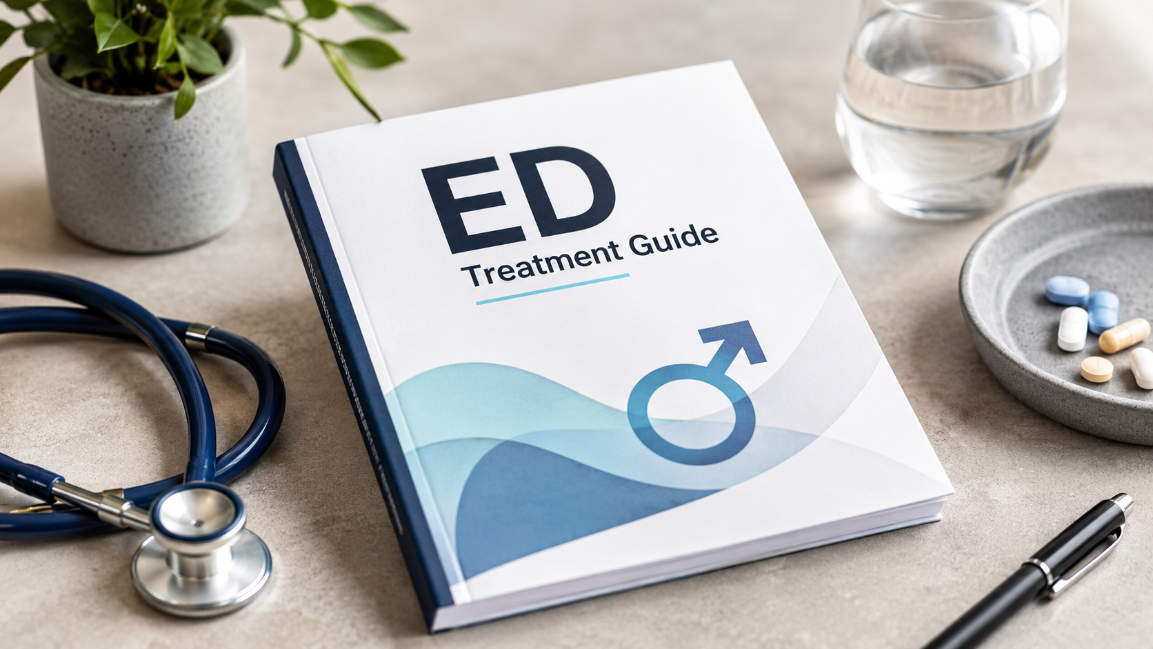 ED treatment guide booklet with stethoscope, medication, water, and healthcare items on a clinic desk.