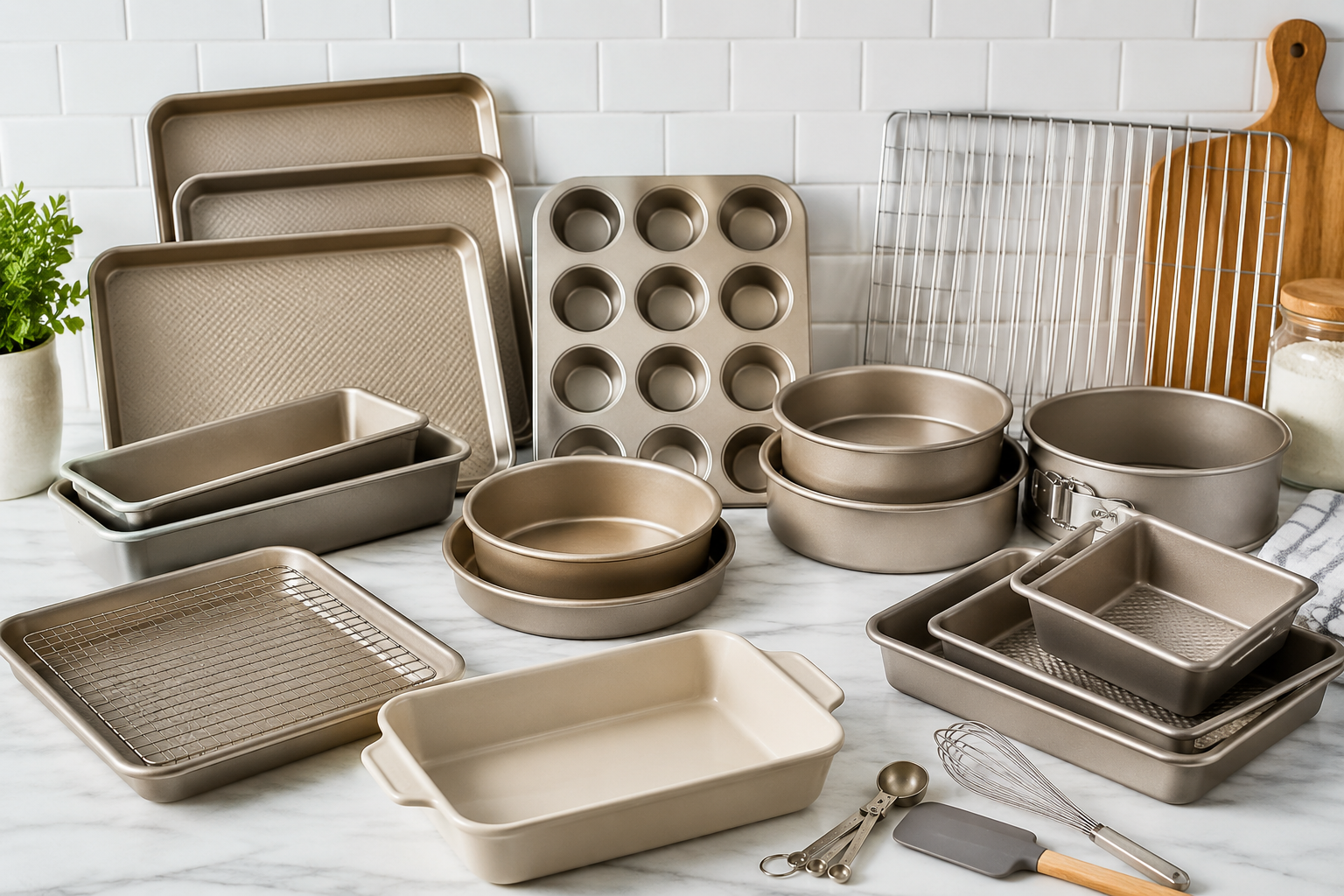 Bakeware set featuring assorted baking pans, trays, and oven-safe essentials arranged for everyday home baking.