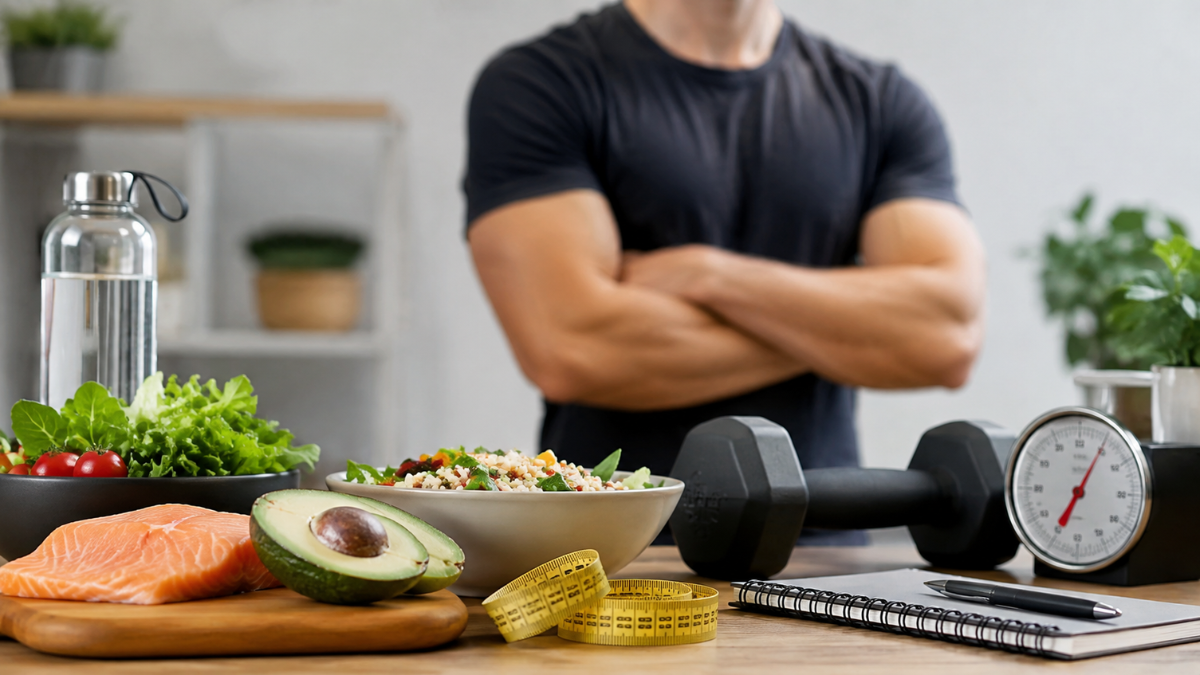 Man following a healthy weight loss plan with balanced meals, regular exercise, and sustainable lifestyle habits.