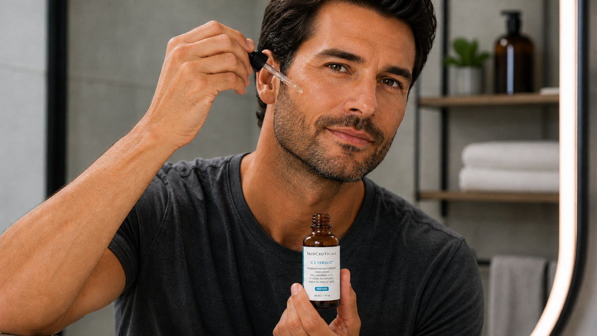 Anti-aging skincare for men featuring a simple daily routine with cleansing, moisturizing, and targeted skincare products for healthy-looking skin.
