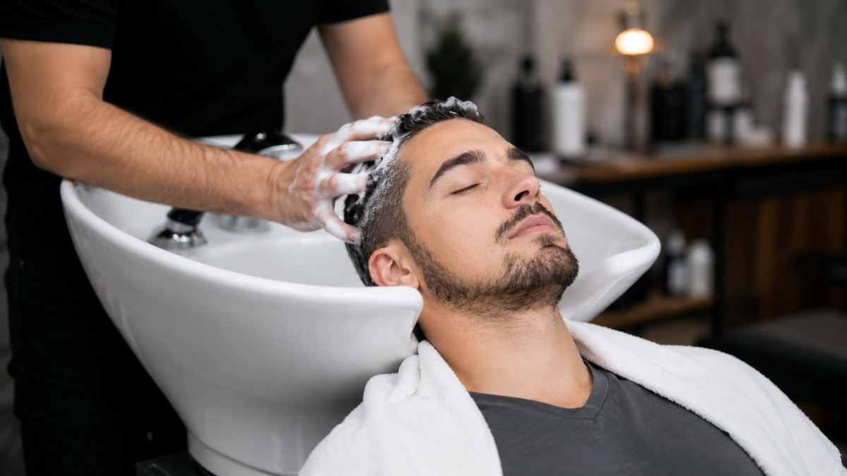 Man following a scalp care for men routine by gently massaging his scalp to support a clean, comfortable, and healthy-looking scalp.