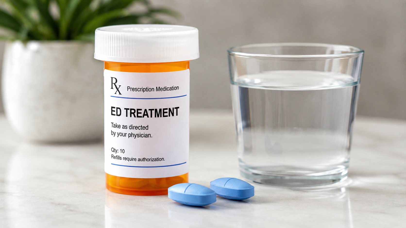 Prescription ED treatment bottle with blue tablets and a glass of water on a clean countertop.