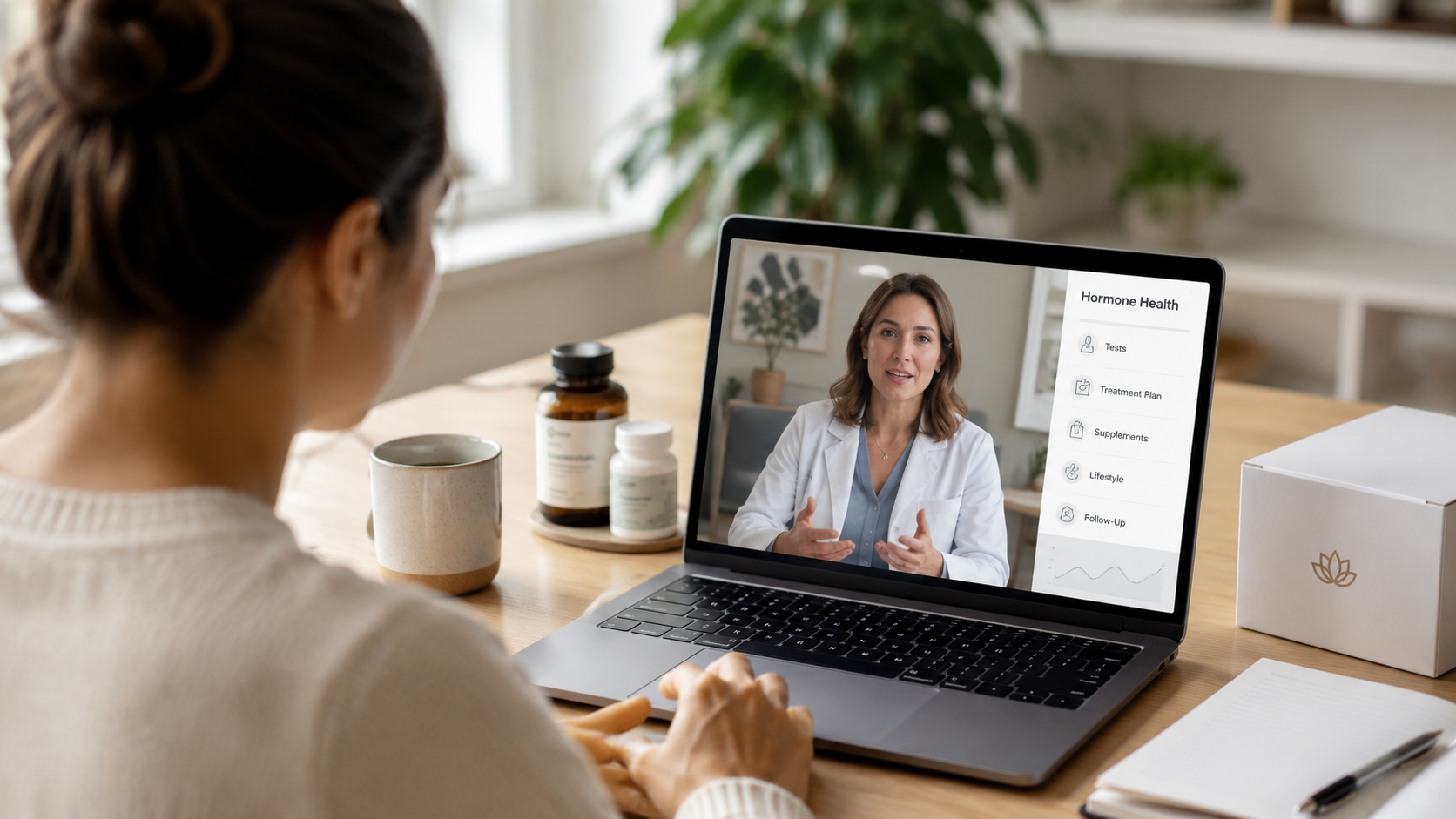 Woman using an online hormone health service for a virtual consultation with a doctor, with personalized treatment and wellness options shown on a laptop.