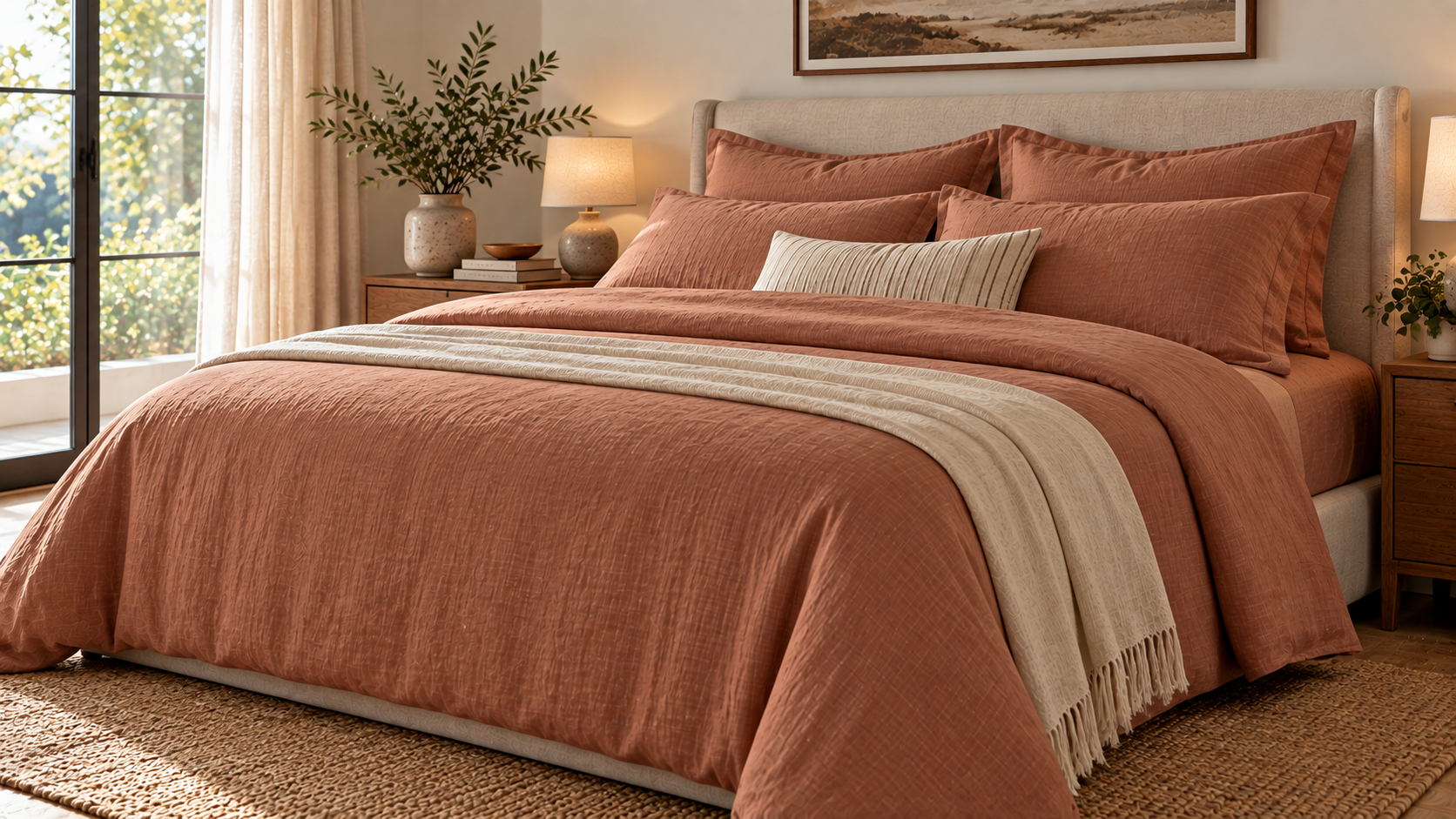 Linen sheets neatly arranged on a comfortable bed with soft, natural-textured bedding.