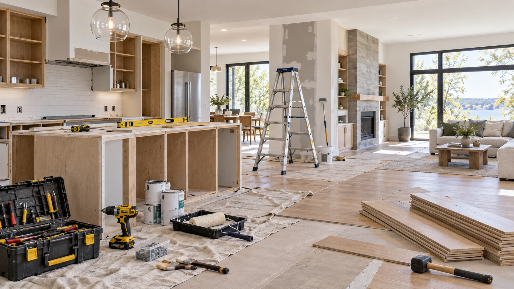 Modern home renovation project featuring updated interiors, flooring, lighting, and stylish finishes