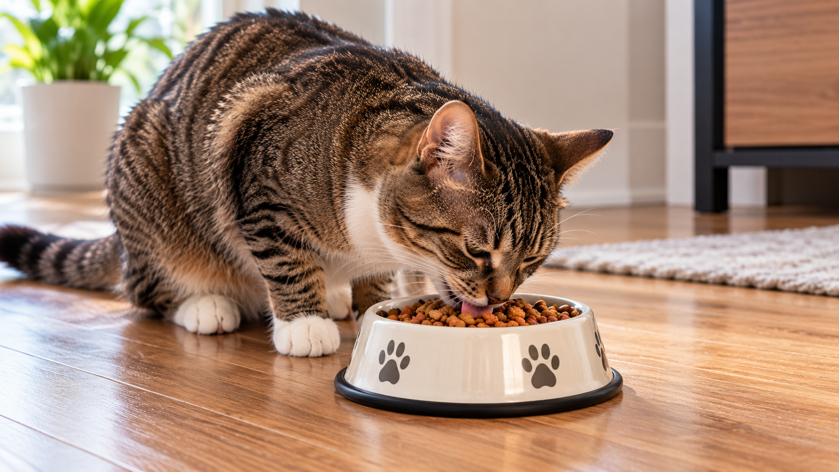 Cat food served in a clean bowl with nutritious dry kibble for everyday feline feeding.