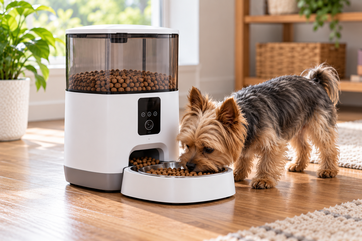 Automatic pet feeder dispensing dry food into a pet bowl for scheduled daily feeding.
