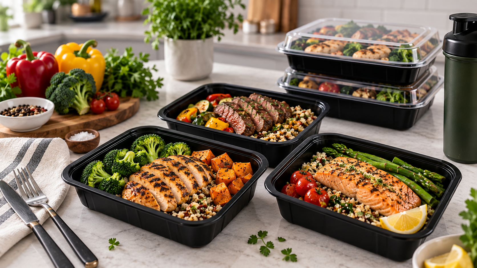 High protein meal delivery with prepared chicken, vegetables, grains, and nutritious sides portioned for convenient weekly meals.