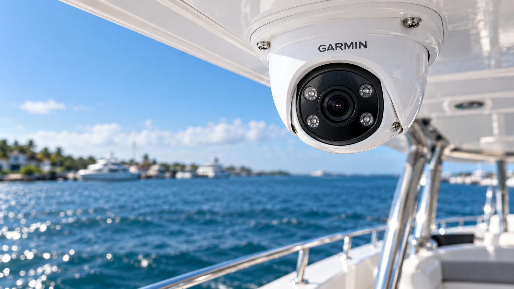 Garmin GC 200 Marine IP Camera mounted on a yacht, overlooking blue ocean water and a marina in bright daylight.