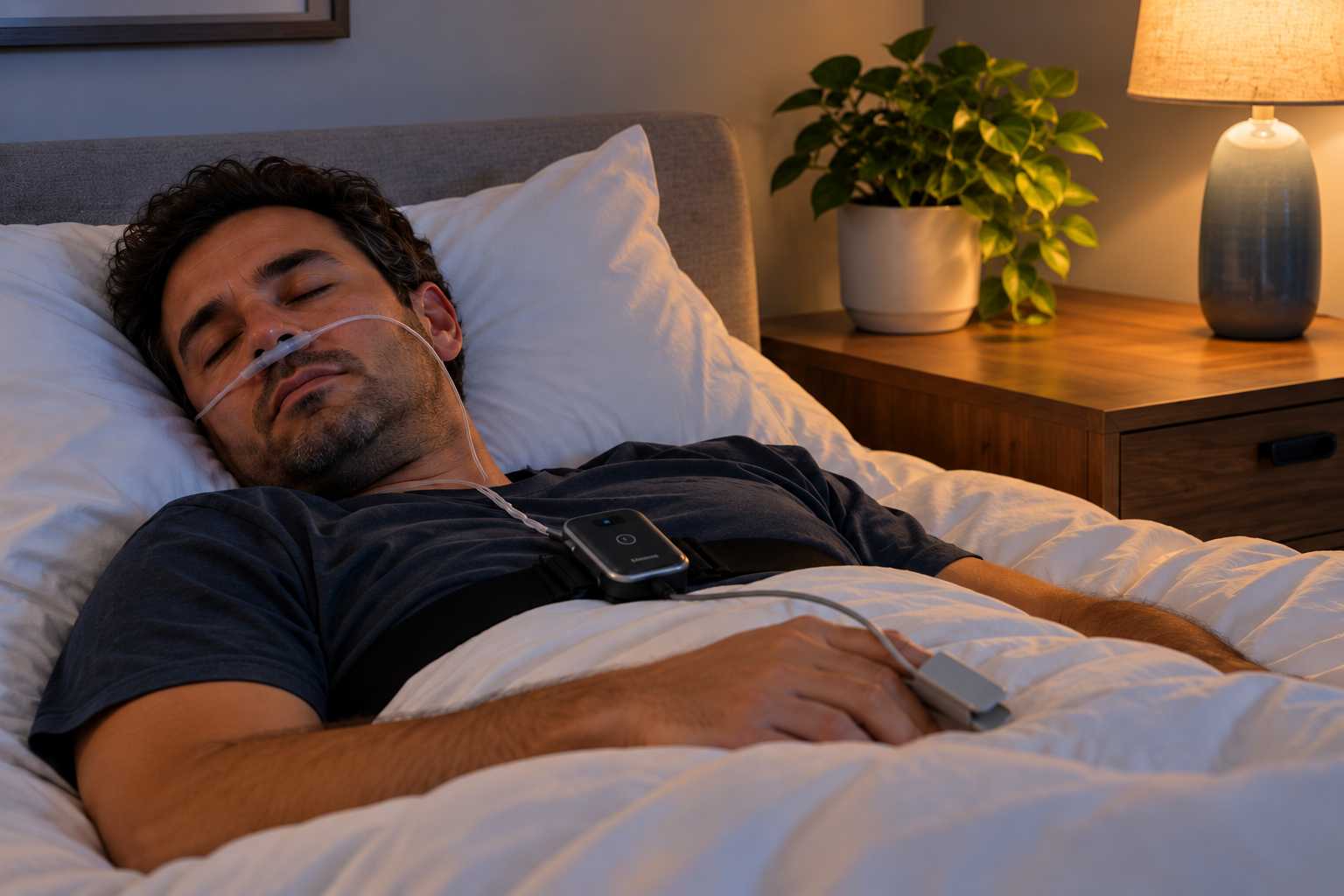 At-home sleep test device used overnight to monitor breathing, heart rate, and blood oxygen levels during sleep.