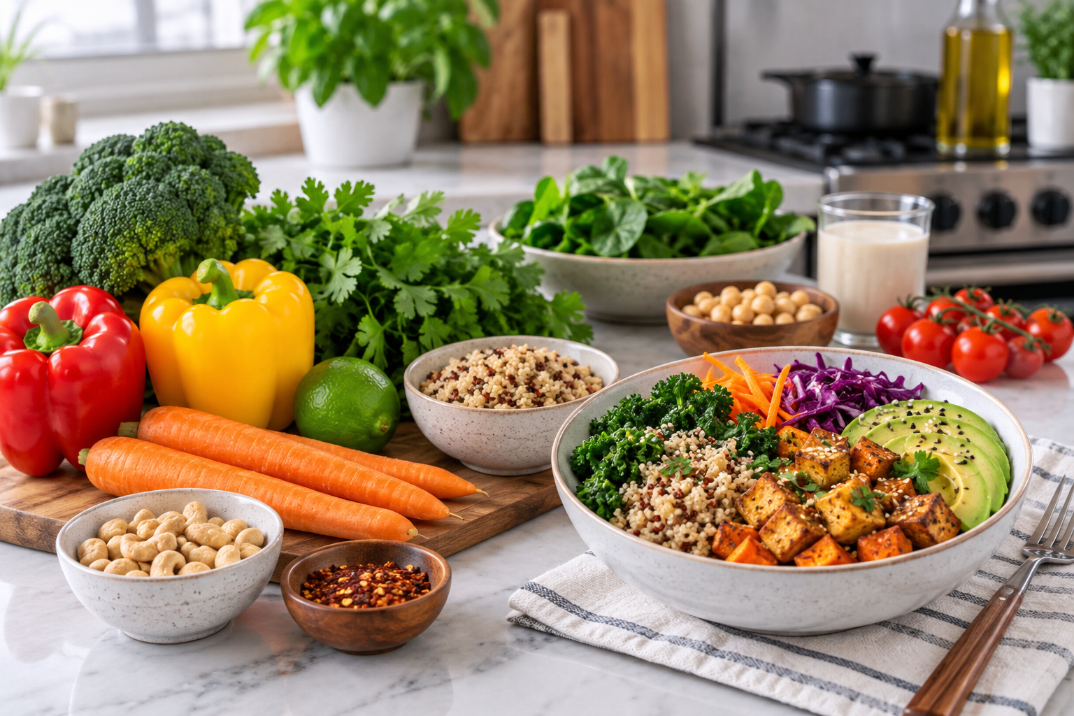 Vegan meal kits featuring fresh plant-based ingredients, colorful vegetables, grains, and ready-to-cook portions for convenient home meals.