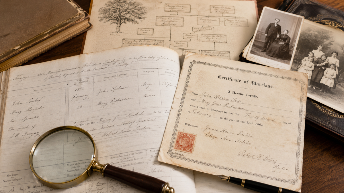 Marriage records for genealogy showing historical documents used to trace family names, relationships, and ancestry.