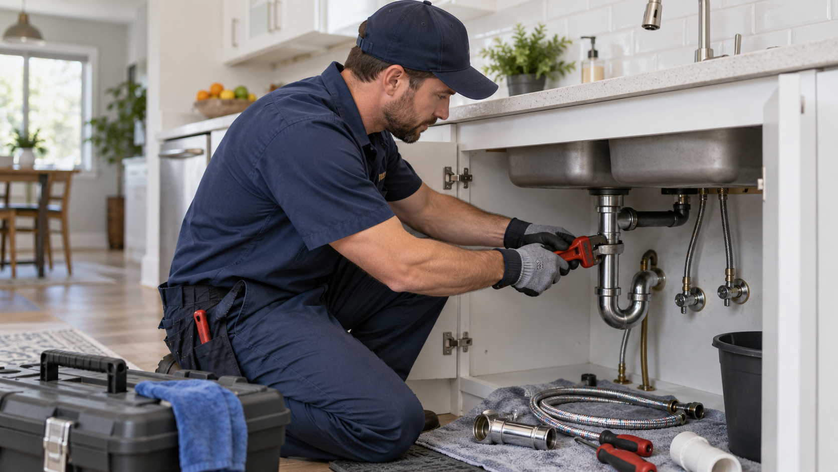 Professional plumber providing plumbing services while inspecting and repairing residential pipes and fixtures