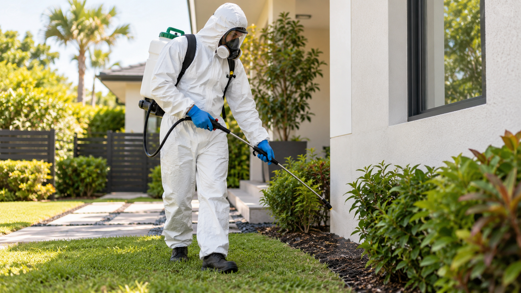 Professional pest control services technician inspecting a home for common household pests and potential infestation areas.