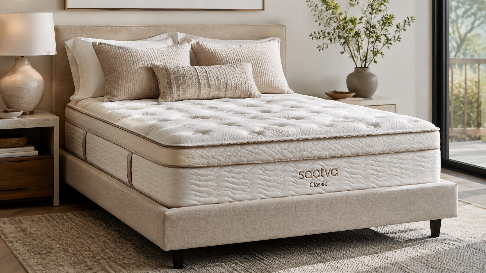 Saatva Classic mattress on a modern upholstered bed in a bright, neutral bedroom with soft natural light and minimalist decor.