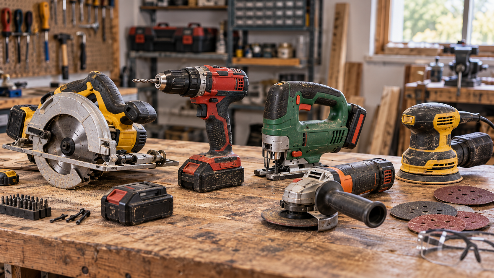 Power tools arranged for home improvement, DIY repairs, woodworking, and renovation projects.