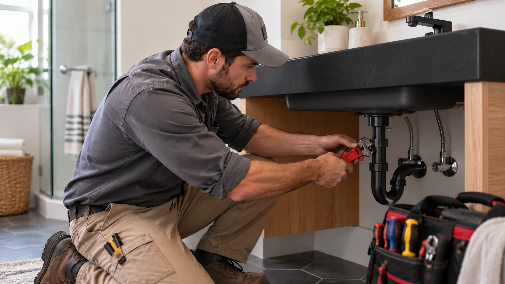 Local plumber repairing a household plumbing system with professional tools during a residential service call.